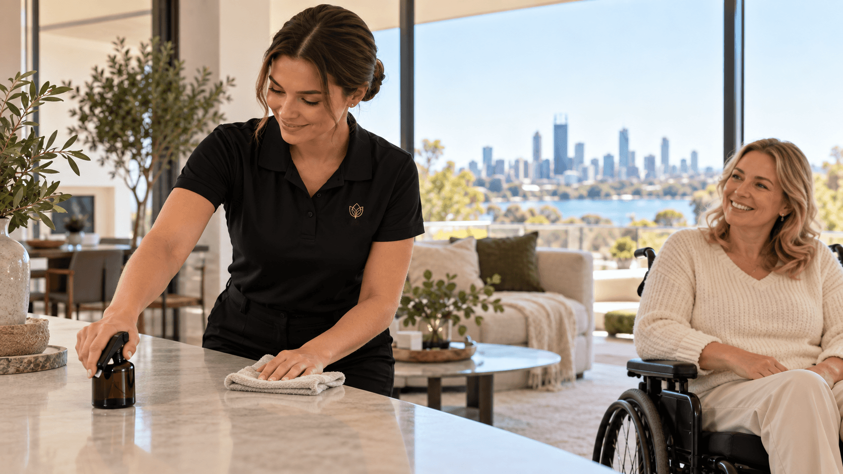 A cleaner wiping a kitchen island while a client seated in a wheelchair looks on from the living room