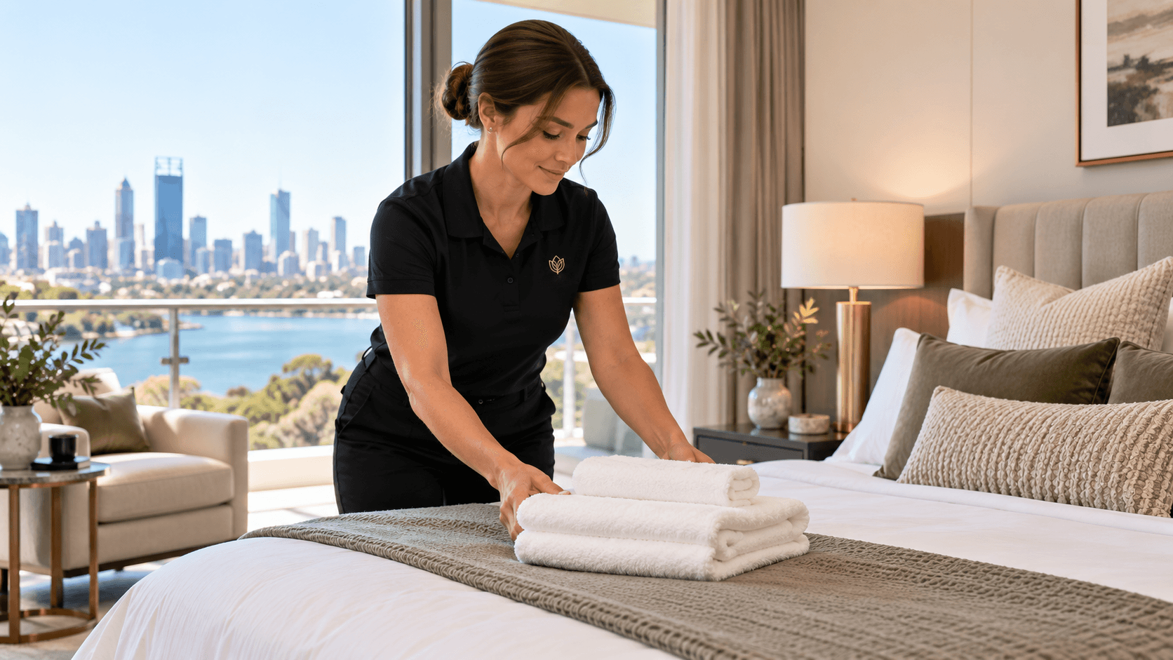 A guest-ready bedroom with crisp linen in a short-stay apartment