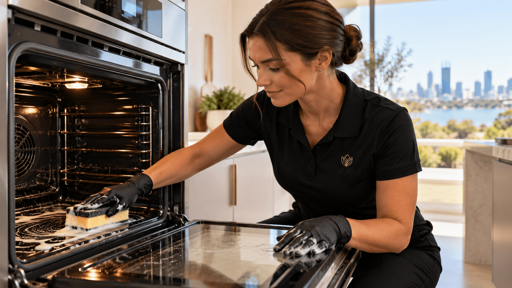 A cleaner in gloves scrubbing the inside of an oven with a sponge